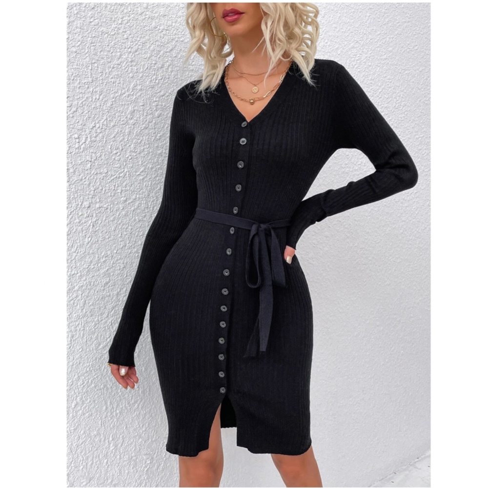 Belted Knit Black Button Through Long Sleeve Dress Knee Length - Picture 5 of 6